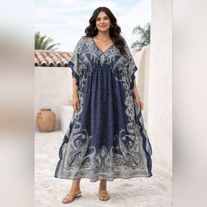 MPH Navy PAISLEY Boho KAFTAN Maxi Resort Vacation DRESS Long Chic PLUS SIZE 1X